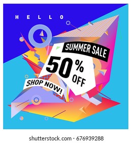 Summer sale geometric style web banner. Fashion and travel discount. Vector holiday Abstract colorful illustration with special offers and promotions.