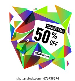 Summer sale geometric style web banner. Fashion and travel discount. Vector holiday Abstract colorful illustration with special offers and promotions.