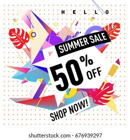 Summer sale geometric style web banner. Fashion and travel discount. Vector holiday Abstract colorful illustration with special offers and promotions.