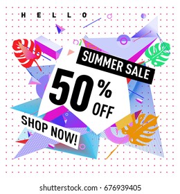 Summer sale geometric style web banner. Fashion and travel discount. Vector holiday Abstract colorful illustration with special offers and promotions.