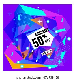 Summer sale geometric style web banner. Fashion and travel discount. Vector holiday Abstract colorful illustration with special offers and promotions.