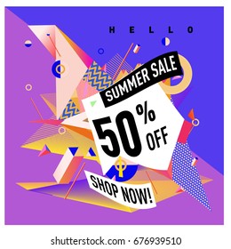 Summer sale geometric style web banner. Fashion and travel discount. Vector holiday Abstract colorful illustration with special offers and promotions.