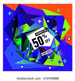 Summer sale geometric style web banner. Fashion and travel discount. Vector holiday Abstract colorful illustration with special offers and promotions.