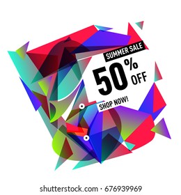 Summer sale geometric style web banner. Fashion and travel discount. Vector holiday Abstract colorful illustration with special offers and promotions.