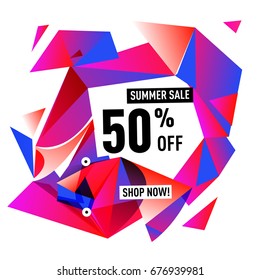 Summer sale geometric style web banner. Fashion and travel discount. Vector holiday Abstract colorful illustration with special offers and promotions.