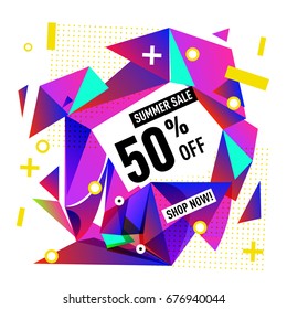 Summer sale geometric style web banner. Fashion and travel discount. Vector holiday Abstract colorful illustration with special offers and promotions.