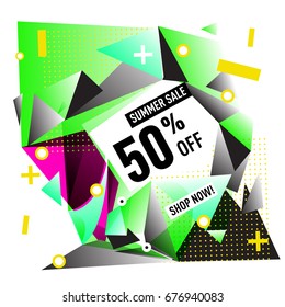 Summer sale geometric style web banner. Fashion and travel discount. Vector holiday Abstract colorful illustration with special offers and promotions.