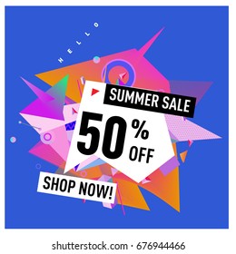 Summer sale geometric style web banner. Fashion and travel discount. Vector holiday Abstract colorful illustration with special offers and promotions.