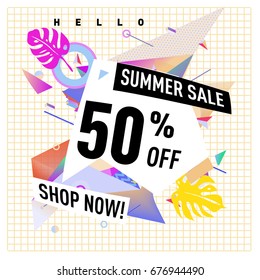 Summer sale geometric style web banner. Fashion and travel discount. Vector holiday Abstract colorful illustration with special offers and promotions.