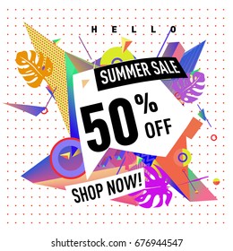 Summer sale geometric style web banner. Fashion and travel discount. Vector holiday Abstract colorful illustration with special offers and promotions.