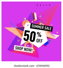 Summer sale geometric style web banner. Fashion and travel discount. Vector holiday Abstract colorful illustration with special offers and promotions.