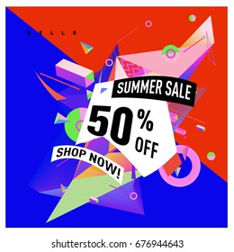Summer sale geometric style web banner. Fashion and travel discount. Vector holiday Abstract colorful illustration with special offers and promotions.