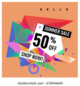 Summer sale geometric style web banner. Fashion and travel discount. Vector holiday Abstract colorful illustration with special offers and promotions.