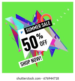 Summer sale geometric style web banner. Fashion and travel discount. Vector holiday Abstract colorful illustration with special offers and promotions.
