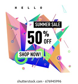 Summer sale geometric style web banner. Fashion and travel discount. Vector holiday Abstract colorful illustration with special offers and promotions.