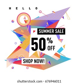 Summer sale geometric style web banner. Fashion and travel discount. Vector holiday Abstract colorful illustration with special offers and promotions.