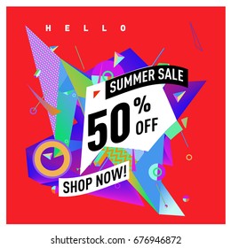 Summer sale geometric style web banner. Fashion and travel discount. Vector holiday Abstract colorful illustration with special offers and promotions.