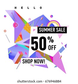 Summer sale geometric style web banner. Fashion and travel discount. Vector holiday Abstract colorful illustration with special offers and promotions.