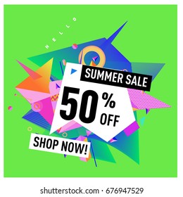 Summer sale geometric style web banner. Fashion and travel discount. Vector holiday Abstract colorful illustration with special offers and promotions.