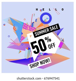 Summer sale geometric style web banner. Fashion and travel discount. Vector holiday Abstract colorful illustration with special offers and promotions.
