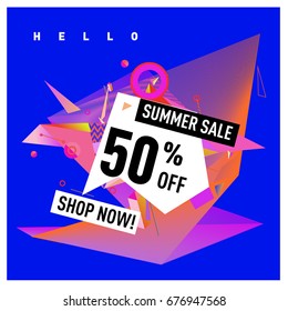 Summer sale geometric style web banner. Fashion and travel discount. Vector holiday Abstract colorful illustration with special offers and promotions.