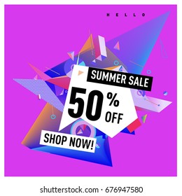 Summer sale geometric style web banner. Fashion and travel discount. Vector holiday Abstract colorful illustration with special offers and promotions.