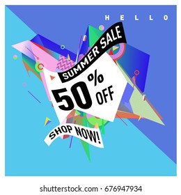 Summer sale geometric style web banner. Fashion and travel discount. Vector holiday Abstract colorful illustration with special offers and promotions.