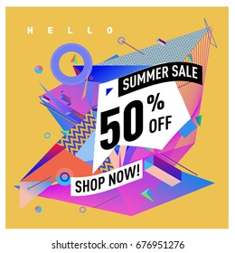 Summer sale geometric style web banner. Fashion and travel discount. Vector holiday Abstract colorful illustration with special offers and promotions.