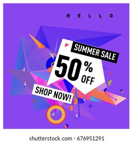 Summer sale geometric style web banner. Fashion and travel discount. Vector holiday Abstract colorful illustration with special offers and promotions.