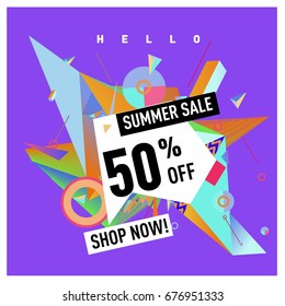 Summer sale geometric style web banner. Fashion and travel discount. Vector holiday Abstract colorful illustration with special offers and promotions.