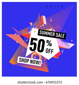 Summer sale geometric style web banner. Fashion and travel discount. Vector holiday Abstract colorful illustration with special offers and promotions.