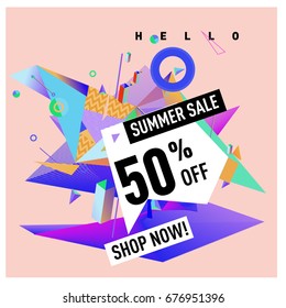 Summer sale geometric style web banner. Fashion and travel discount. Vector holiday Abstract colorful illustration with special offers and promotions.