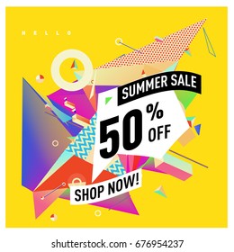 Summer sale geometric style web banner. Fashion and travel discount. Vector holiday Abstract colorful illustration with special offers and promotions.