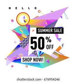 Summer sale geometric style web banner. Fashion and travel discount. Vector holiday Abstract colorful illustration with special offers and promotions.
