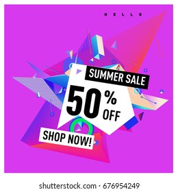 Summer sale geometric style web banner. Fashion and travel discount. Vector holiday Abstract colorful illustration with special offers and promotions.