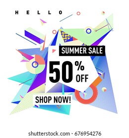 Summer sale geometric style web banner. Fashion and travel discount. Vector holiday Abstract colorful illustration with special offers and promotions.