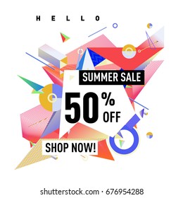 Summer sale geometric style web banner. Fashion and travel discount. Vector holiday Abstract colorful illustration with special offers and promotions.