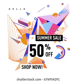 Summer sale geometric style web banner. Fashion and travel discount. Vector holiday Abstract colorful illustration with special offers and promotions.