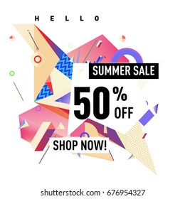 Summer sale geometric style web banner. Fashion and travel discount. Vector holiday Abstract colorful illustration with special offers and promotions.