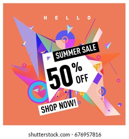 Summer sale geometric style web banner. Fashion and travel discount. Vector holiday Abstract colorful illustration with special offers and promotions.