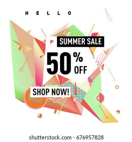 Summer sale geometric style web banner. Fashion and travel discount. Vector holiday Abstract colorful illustration with special offers and promotions.