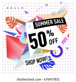 Summer sale geometric style web banner. Fashion and travel discount. Vector holiday Abstract colorful illustration with special offers and promotions.