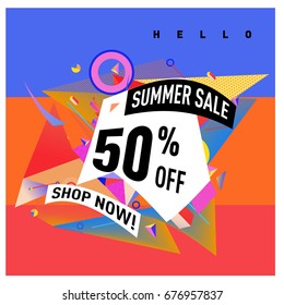 Summer sale geometric style web banner. Fashion and travel discount. Vector holiday Abstract colorful illustration with special offers and promotions.