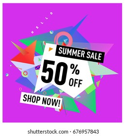 Summer sale geometric style web banner. Fashion and travel discount. Vector holiday Abstract colorful illustration with special offers and promotions.