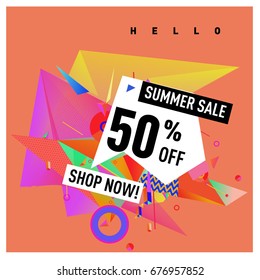 Summer sale geometric style web banner. Fashion and travel discount. Vector holiday Abstract colorful illustration with special offers and promotions.