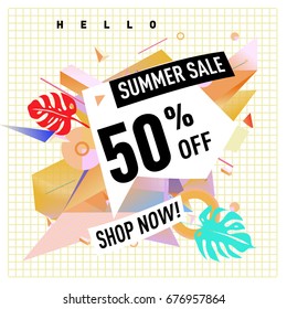 Summer sale geometric style web banner. Fashion and travel discount. Vector holiday Abstract colorful illustration with special offers and promotions.