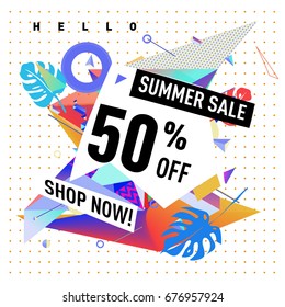 Summer sale geometric style web banner. Fashion and travel discount. Vector holiday Abstract colorful illustration with special offers and promotions.