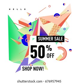 Summer sale geometric style web banner. Fashion and travel discount. Vector holiday Abstract colorful illustration with special offers and promotions.