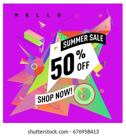 Summer sale geometric style web banner. Fashion and travel discount. Vector holiday Abstract colorful illustration with special offers and promotions.