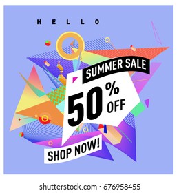 Summer sale geometric style web banner. Fashion and travel discount. Vector holiday Abstract colorful illustration with special offers and promotions.